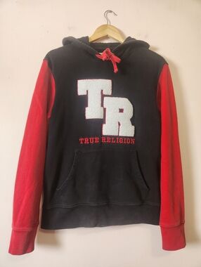 True Religion Colorblock Chenille TR Logo Varsity Hoodie Black Red Men's M
